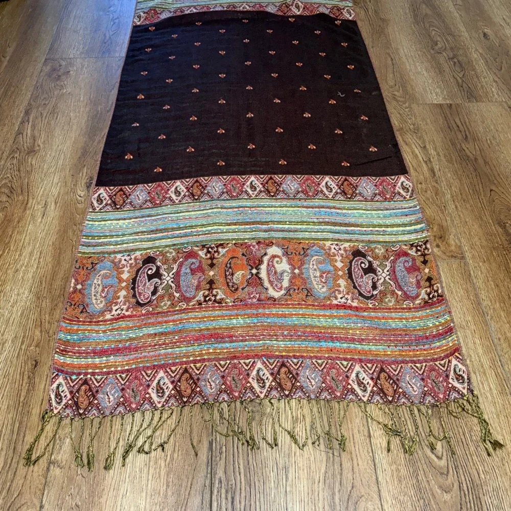 Vintage Cashmere Silk Scarf shawl‎ bohemian indie paisley wrap festival brown